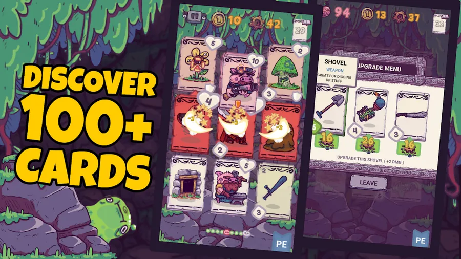 Um ecrã de Card Hog com a grelha de cartas ilustradas e o menu de melhorias