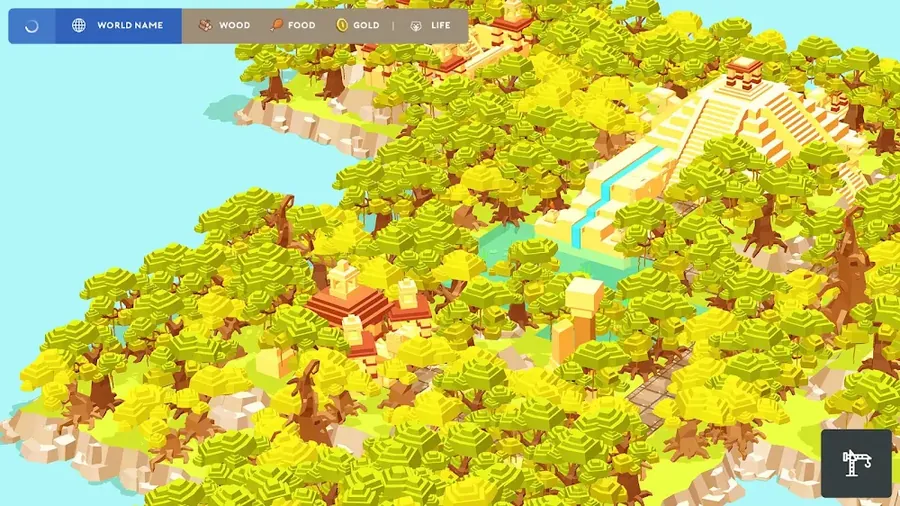 Um ecrã de Pocket Build com uma ilha isométrica coberta de árvores, caminhos e pequenas construções