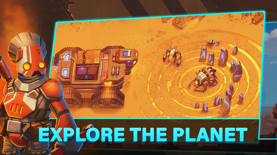 Um ecrã de Sandship: Crafting Factory com a nave-fábrica no deserto do planeta a explorar