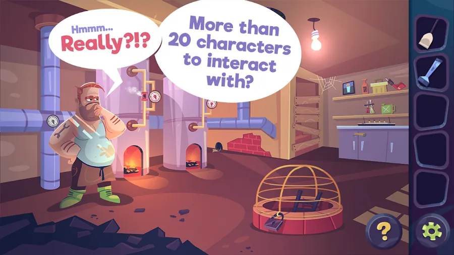 Um ecrã de Stranger Cases: Mystery Escape com uma divisão desenhada à mão e uma personagem para interrogar
